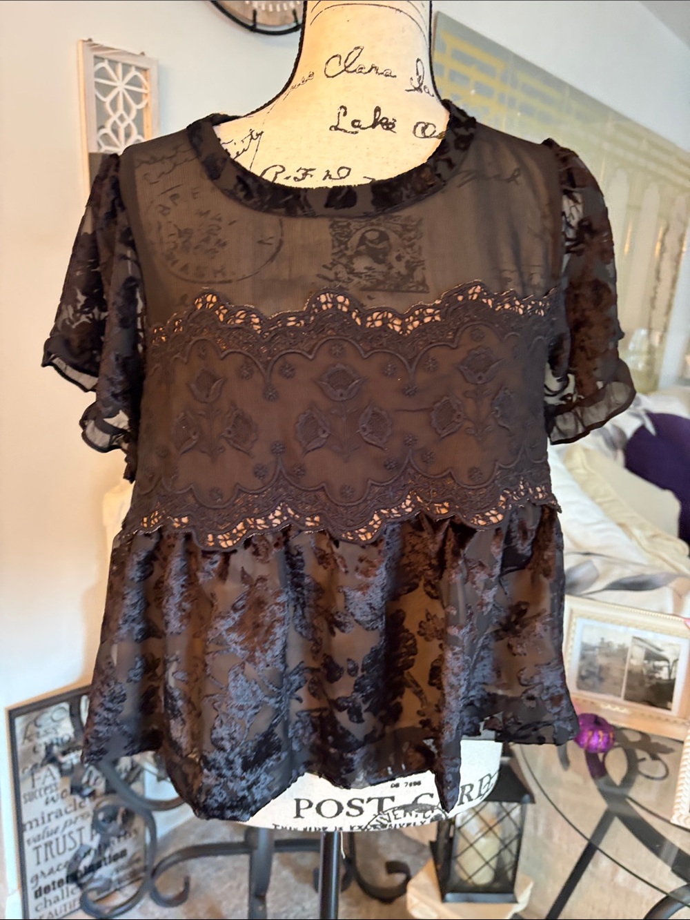Anthropologie Black Lace Overlay Short-Sleeve Peplum Blouse